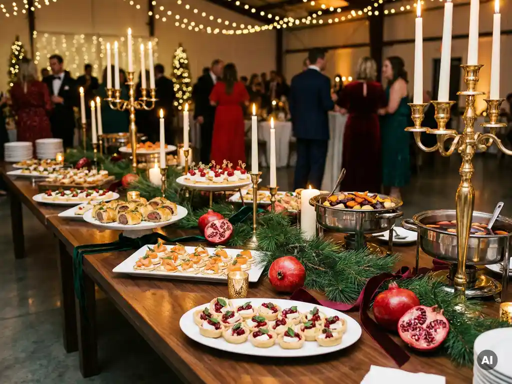 Festliches Weihnachts-Catering-Buffet mit eleganten Vorspeisen, Tannenzweigen, goldenen Kerzenhaltern und roten Granatäpfeln auf dunklem Walnusstisch.