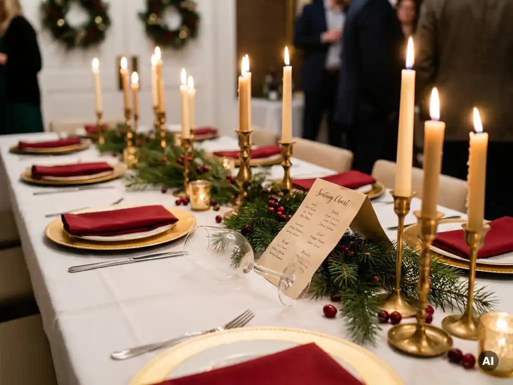 Umgekipptes Weinglas und zerknitterter Sitzplan auf festlich gedecktem Weihnachts-Firmendinnertisch mit Kiefernzweigen und Kerzenhaltern.