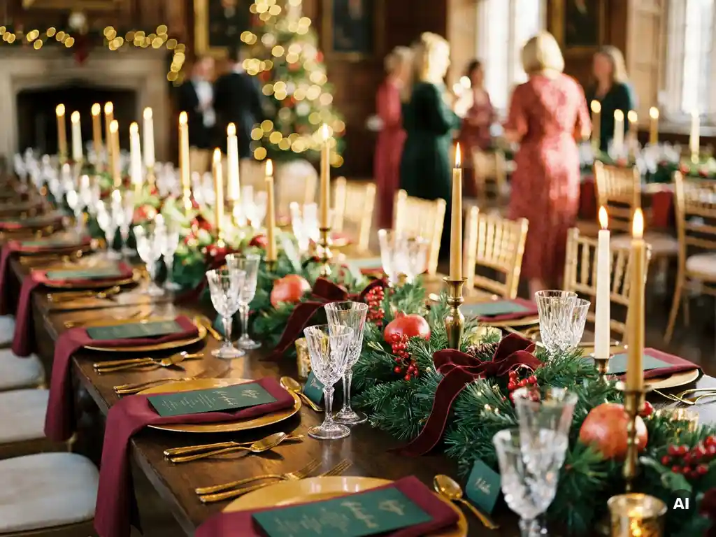 Festlich gedeckte Banketttafel mit goldenem Besteck, Kristallgläsern und Tannenzweig-Mittelstücken für ein Weihnachtsessen.