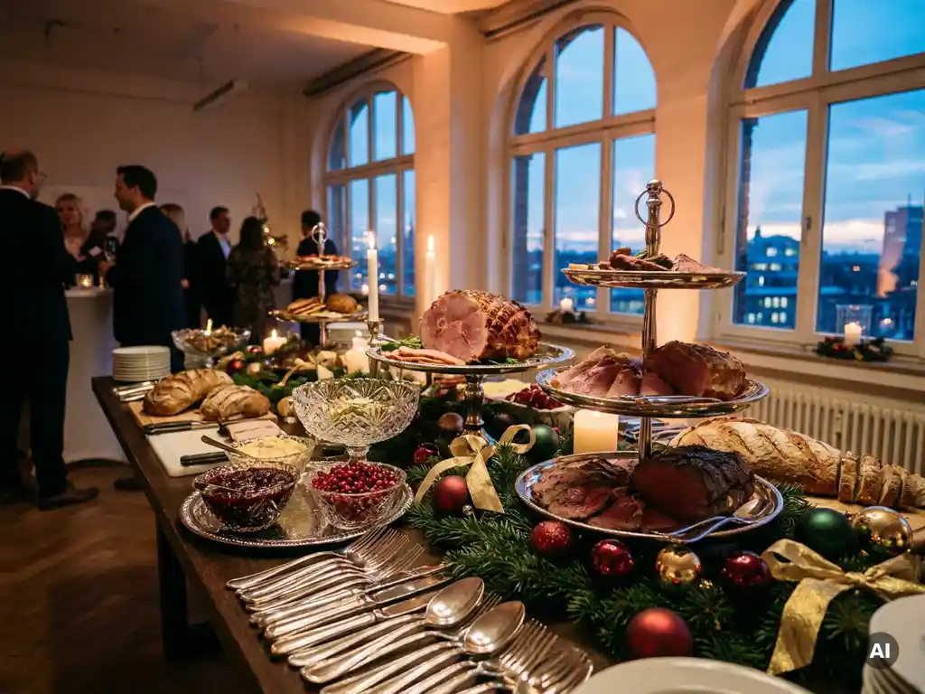Festliches Firmenbuffet mit glasierten Bratenstücken, Brot und Garnituren in Burgund und Gold, Kerzenschein auf Silberbesteck, Düsseldorfer Büro.