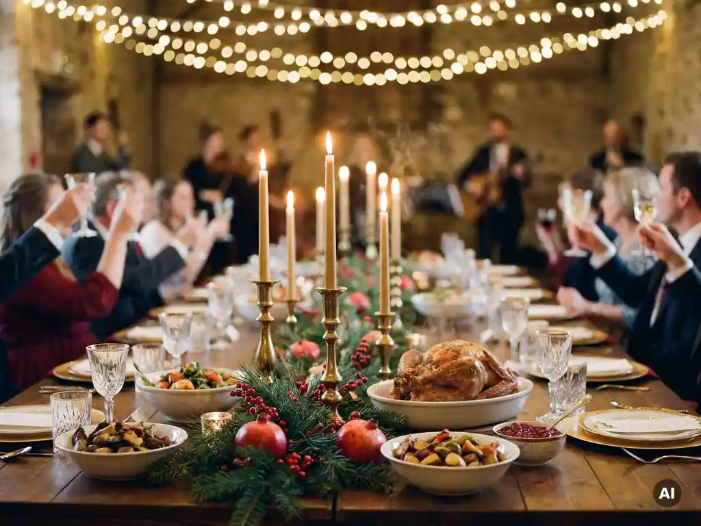 Festlich gedeckte Weihnachtstafel mit dampfenden Speisen, Kerzenleuchtern, Tannenzweigen und roten Beeren im warmen Kerzenlicht.