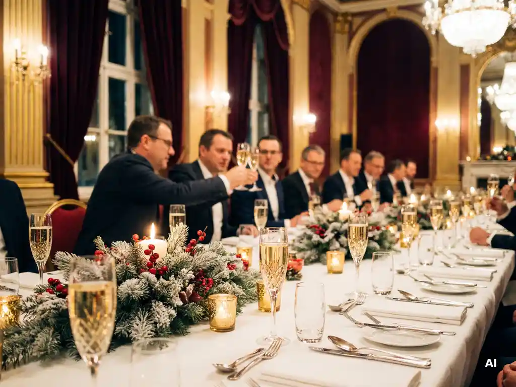 Festlich gedeckter Weihnachtstisch mit Kerzenleuchtern, Tannenzweigen und Champagnergläsern in einem eleganten Düsseldorfer Veranstaltungssaal.