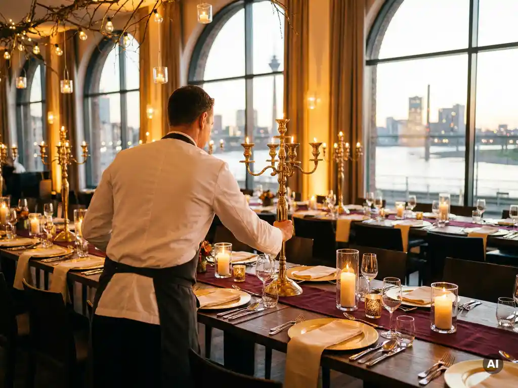 Servicemitarbeiter in weißer Uniform arrangiert Kerzenleuchter auf festlich gedecktem Weihnachts-Dinner-Tisch in Düsseldorf.